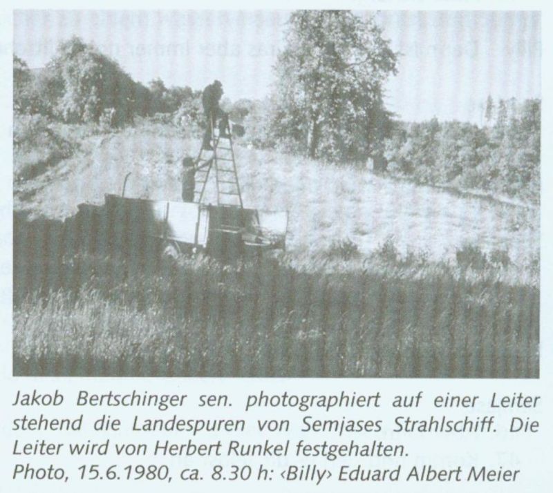 Jakob Bertschinger Sr. photographed standing on a ladder over the landing tracks from Semjase's Beamship. The latter is being held by Herbert Runkel. Photo, 6/15/1980, about 8:30am: “Billy” Eduard Albert Meier