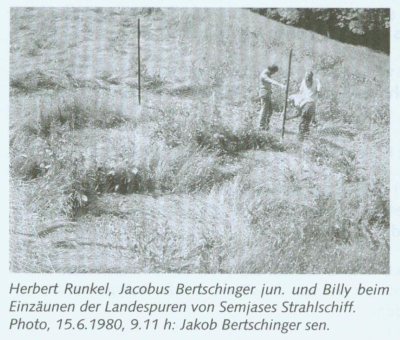 Herbert Runkel, Jacobus Bertschinger Jr. and Billy at the fence around the landing tracks from Semjase's Beamship. Photo, 6/15/1980, 9:11am: Jakob Bertschinger Sr.